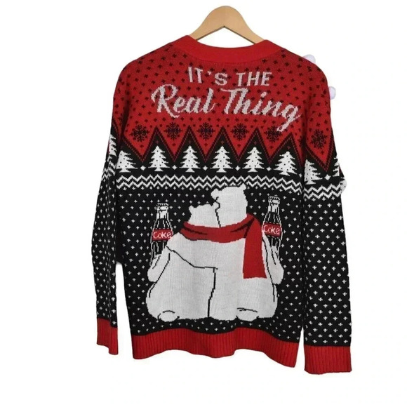 Coca Cola Ugly Christmas Cardigan Sweater Coke Polar Bears Red Black Size Small - Picture 8 of 11